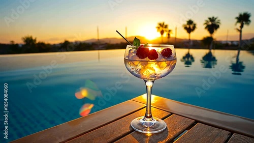Refreshing cocktail served in a glass by a serene pool at sunset with palm trees in the background