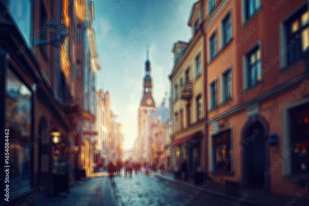 Fototapeta premium Blurry cityscape street scene at sunset
