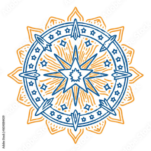 Star amulet icon in mandala style, blue and orange-