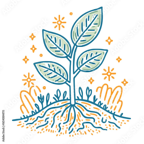 Seedling icon illustration, blue and orange, growth and renewal-