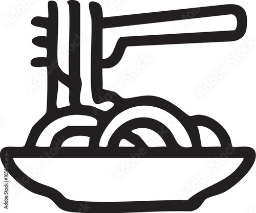 Black and white illustration of a bowl filled with cooked spaghetti and a fork.