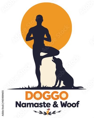 Yoga practitioner and dog in tree pose, serene sunset, dog-assisted