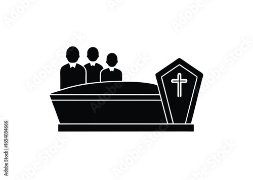 Vector art of black icon of a coffin with mourners and a cross, isolated
