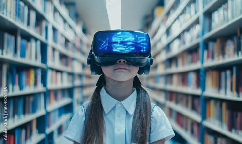 Wallpaper Mural Schoolgirl with VR headset using AI technology and machine learning. Interactive educational technology fostering innovation and smart tech, with an AI blue hologram of the world, Generative AI Torontodigital.ca