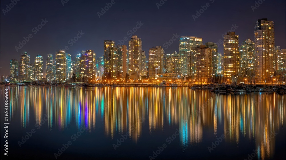 Fototapeta premium City skyline at night, reflected in water (1)