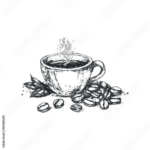 Sketch of steaming coffee cup with scattered beans and leaves