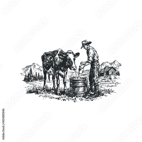 Farmer pouring water into trough for cow near rustic barn and mountains