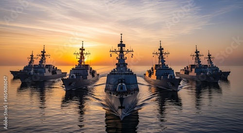 Fleet naval warships destroyer military sea ocean vessels navy maritime defense power sunset squadron group ships