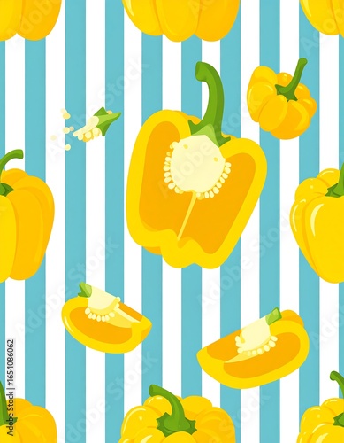 Yellow bell pepper pattern on teal stripes