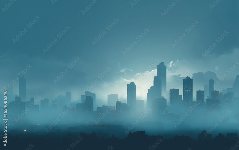 Obraz premium City skyline silhouette with fog and soft lighting creating a mysterious atmosphere at dusk