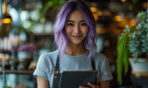 Wallpaper Mural Happy young Asian female hospitality worker with purple hair using a smart tablet at work. Representing Gen Z students using technology devices in a professional setting, Generative AI Torontodigital.ca