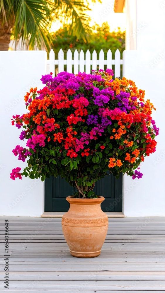 Fototapeta premium Colorful bougainvillea in a terracotta pot on a patio