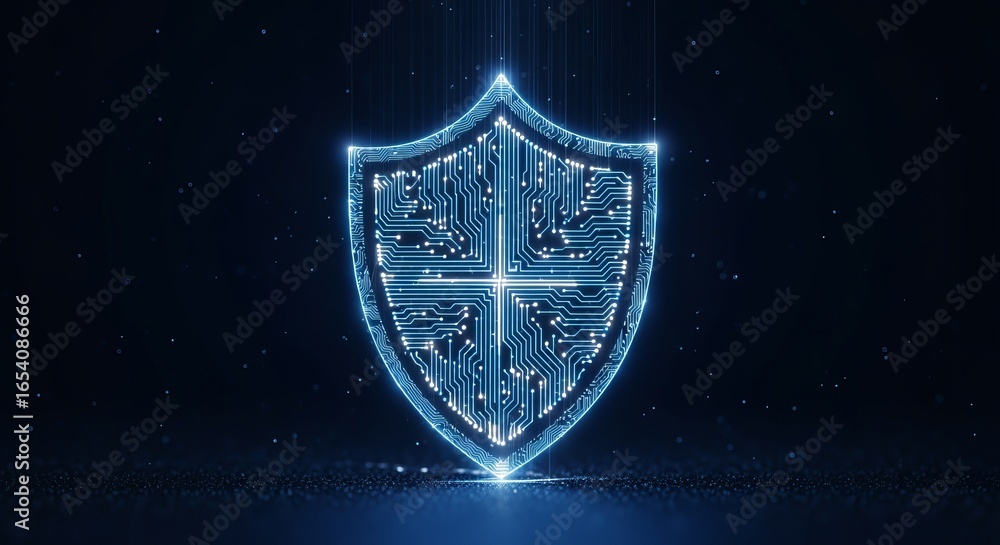 Fototapeta premium Digital shield emblem representing cybersecurity data protection network security and digital defense technology innovation concept