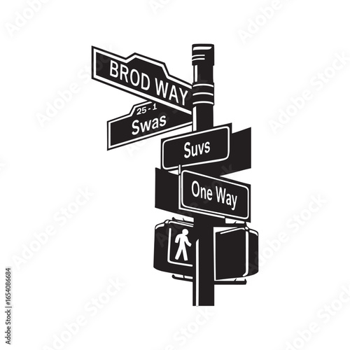 Famous Broadway and West 35th Street sign in New York City. Vector illustration of an urban intersection with one way and pedestrian signals, isolated on a transparent background.
