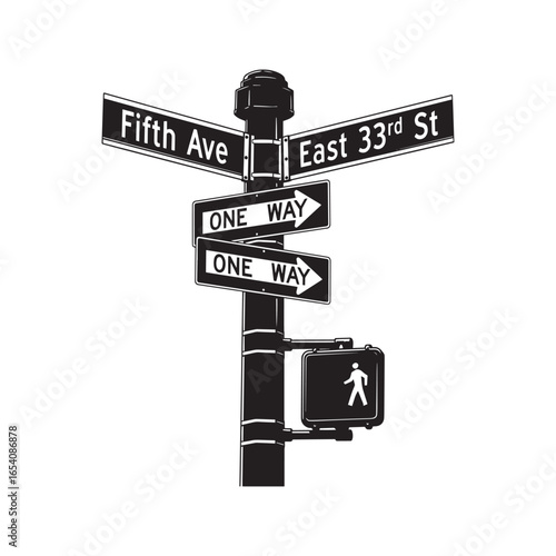Iconic New York City street sign at the intersection of Fifth Avenue and East 33rd Street, featuring one way and pedestrian crosswalk signals. Black vector silhouette illustration.
