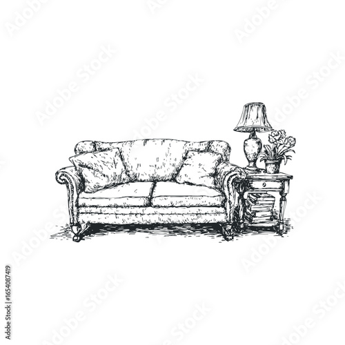 Hand drawn sketch of a classic sofa with a side table, lamp, and flowers