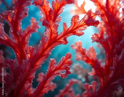 A close up view of red algae with intricate leaf like structures against a blue background