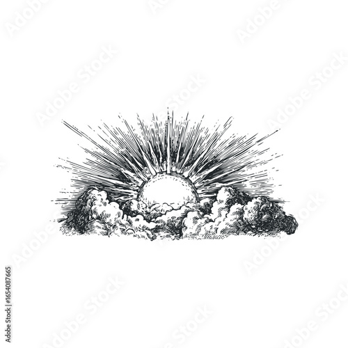 Ornate sunburst emerging from clouds with radiant light beams