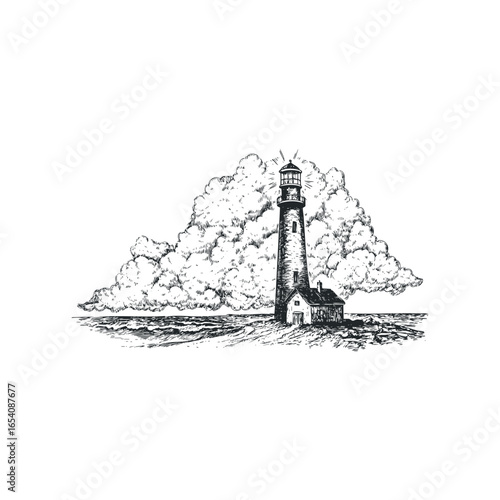 Detailed sketch of a lighthouse with a keeper's cottage beside it under a dramatic cloudy sky