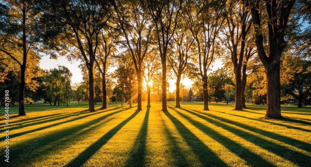 Fototapeta premium Sunlit parkland with long shadows stretching across the grass.