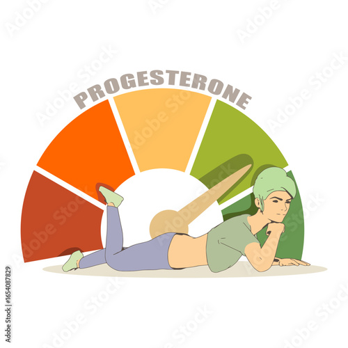 An abstract measuring device scale showing changes in hormone progesterone level. Health care concept illustration. Young woman lying near meter scale