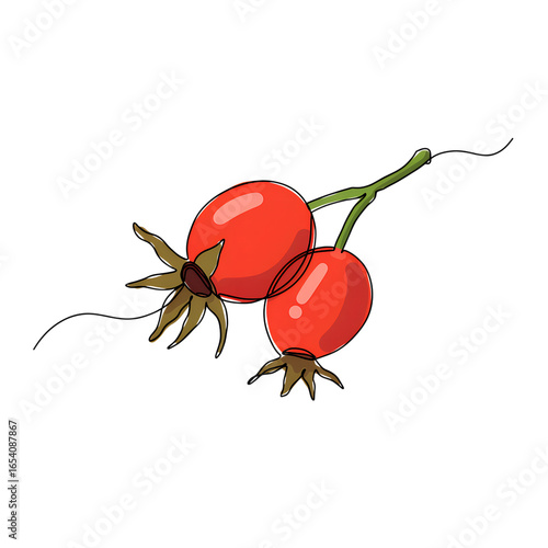 Realistic illustration of two rose hips in red tones on transparent background, natural style, representing herbal medicine and autumn harvest