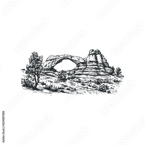 Sketch of a natural sandstone arch with sparse desert vegetation