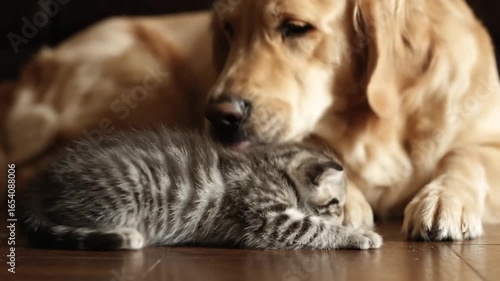 Wallpaper Mural An incredibly heartwarming close-up of a large, gentle dog comforting a tiny, scared kitten by licking it, a symbol of empathy and care. Torontodigital.ca