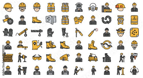 A diverse collection of safety and construction-related vector icons, featuring various personal protective equipment, skilled workers, and essential industrial tools.
