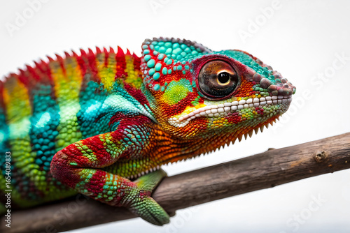 Colorful Panther Chameleon Closeup on Branch with White Background