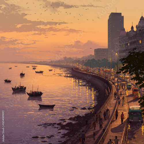 Coastal Cityscape at Sunset with Promenade and Boats