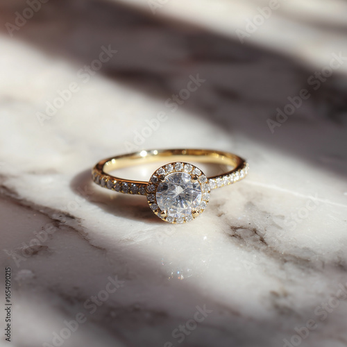 Gold Ring with Diamond on Marble