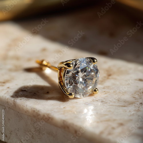 Gold Earring with Round Clear Stone on Textured Surface