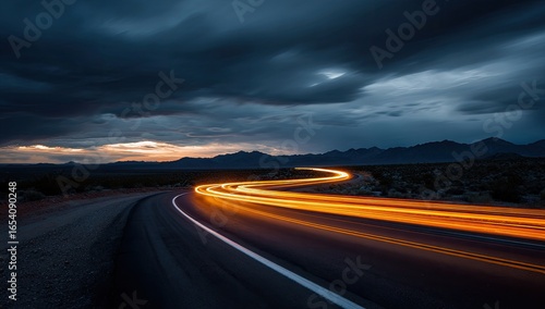 Winding road at dusk with a dramatic sky