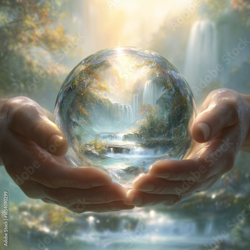 Hands Holding Sphere Reflecting Waterfalls and Trees