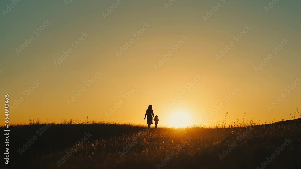 A mother and child stroll hand-in-hand across a vast field as the sun sets, creating a warm golden glow. The peaceful moment captures the beauty of nature and familial love A mother and child stroll hand-in-hand across a vast field as the sun sets, creating a warm golden glow. The peaceful moment captures the beauty of nature and familial love