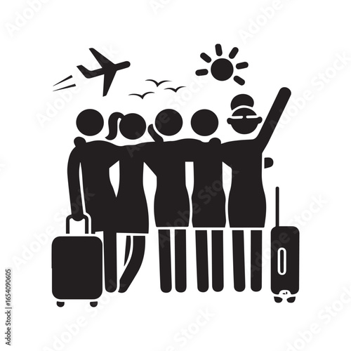 Group of women friends with luggage traveling on vacation, female tourists on holiday trip silhouette icon.
