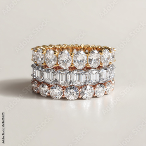 Stacked Eternity Bands with Different Diamond Cuts and Metals