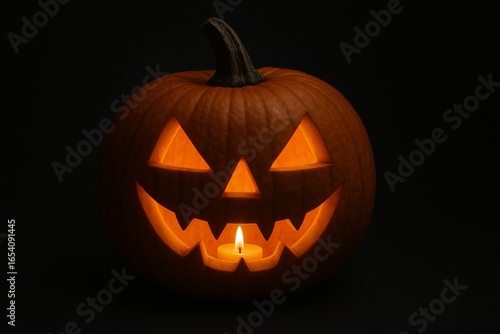 Gruseliger Halloweenkürbis auf schwarzem Hintergrund mit Kerze und leuchtenden Augen
