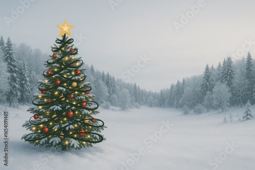 Winterwonderland mit Schnee und Tannenbäumen und einem geschmückten Christbaum mit goldenem Stern im Vordergrund