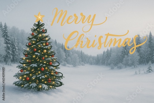 Winterwonderland mit Schnee und Tannenbäumen und einem geschmückten Christbaum mit goldenem Stern im Vordergrund und Schriftzug Merry Christmas