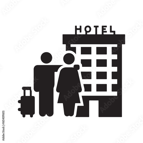 Couple with luggage arriving at a hotel, man and woman travelers on vacation checking into accommodation icon.
