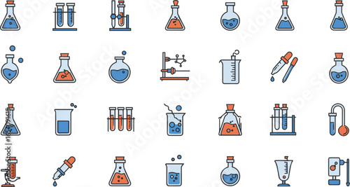 Colorful flat icons of science and laboratory equipment and experiments on a white background vector