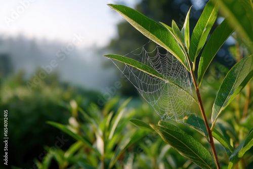 Morning dew on spider web among lush greenery in serene forest setting