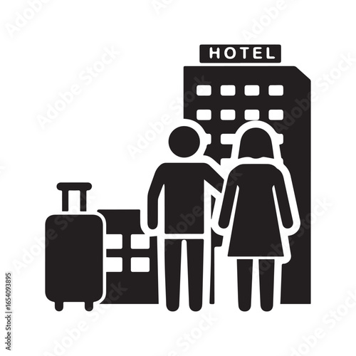 Couple with luggage arriving at a hotel, man and woman travelers on vacation checking into accommodation icon.
