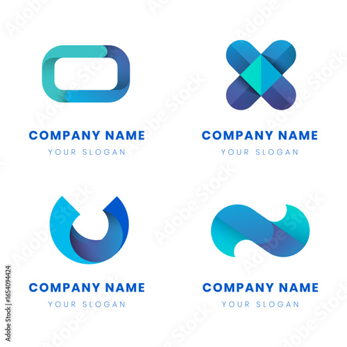 Collection of abstract corporate logos with blue and purple gradients on a white background