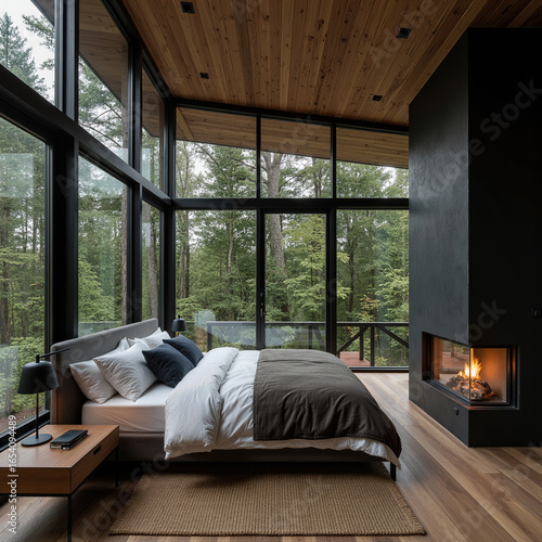 A cozy and modern bedroom in a forest cabin, featuring a central fireplace and large windows that offer a stunning, immersive view of the tranquil woodland scenery.
