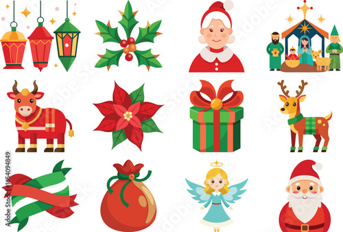 Christmas Holiday Icons and Elements Vector Illustration Set for Festive Designs on white background 