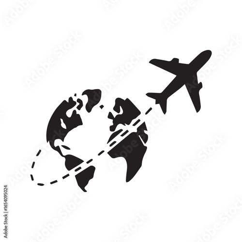 Global travel and tourism concept with airplane flying around the globe, international flight path vector icon.
