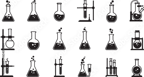 Fifteen black and white icons of science laboratory glassware with bubbling liquids and equipment on a white background